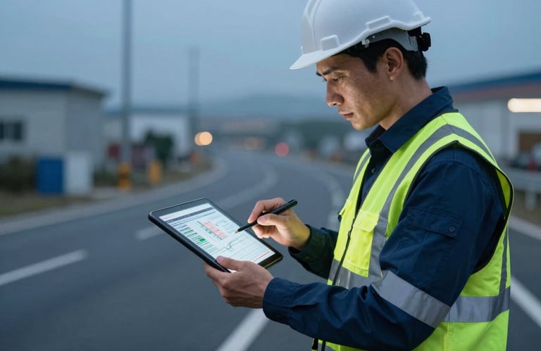 A professional engineer in high-visibility professional gear reviewing high-resolution technical data on a tablet in an International / Professional field location, with the road surface in focus and Steel Blue tones in the background.
