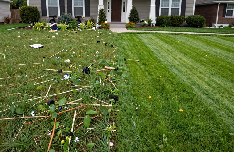 A side-by-side comparison of a cluttered, overgrown lawn next to a perfectly edged and mowed lawn at a North American / US home.