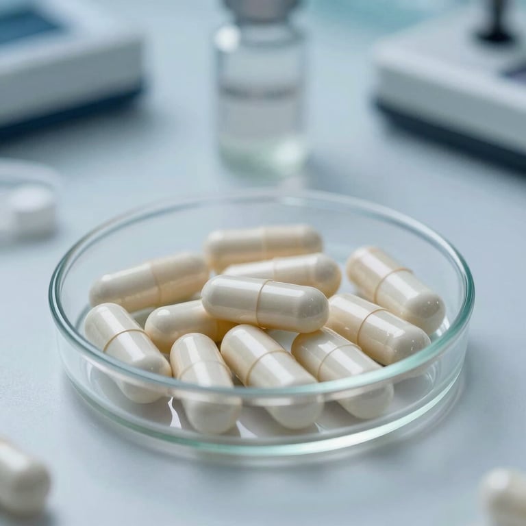 Close-up of high-quality pharmaceutical capsules in a petri dish inside a professional Indian lab, with a Steel Blue and White sterile background.