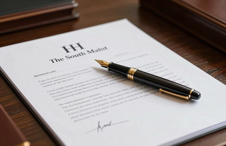 A still life of a fountain pen and a legal document with a signature, arranged neatly on a desk in an upscale South Asian law office.