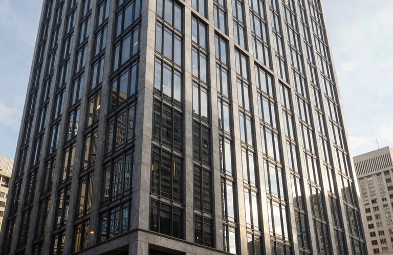 Architectural photography of a contemporary office building in a major South American financial district, reflecting sun on glass and steel, clean lines.