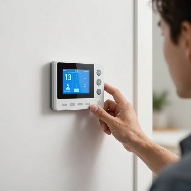 A homeowner's hand adjusting a modern smart thermostat mounted on a clean white wall in a bright North American / US home interior.
