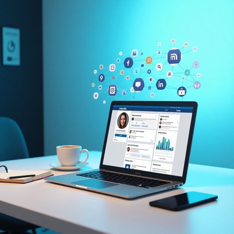 A laptop on a desk showing a professional social media profile with digital marketing icons floating above.