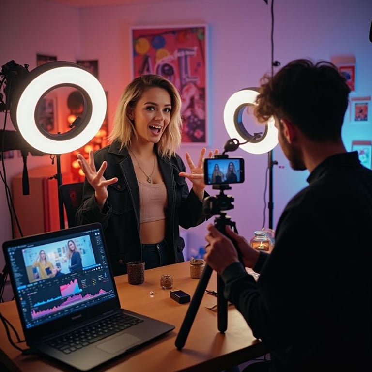 Content creator filming a video with ring lights, a tripod-mounted smartphone, and laptop video editing software.