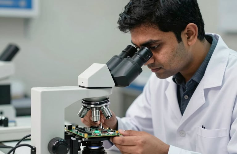 A focused professional in a clean lab coat in a South Asian setting, inspecting a circuit board with a high-resolution microscope.