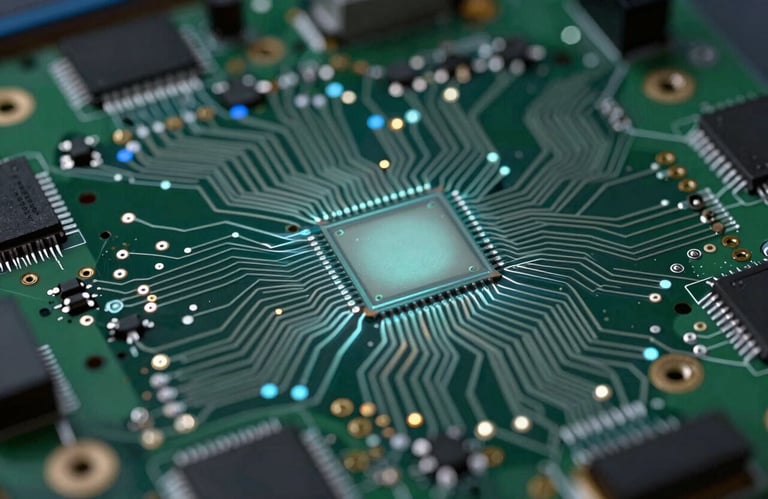 Close-up photography of a high-performance circuit board with subtle light grey-blue glowing paths, representing advanced technology and speed, International / Global.