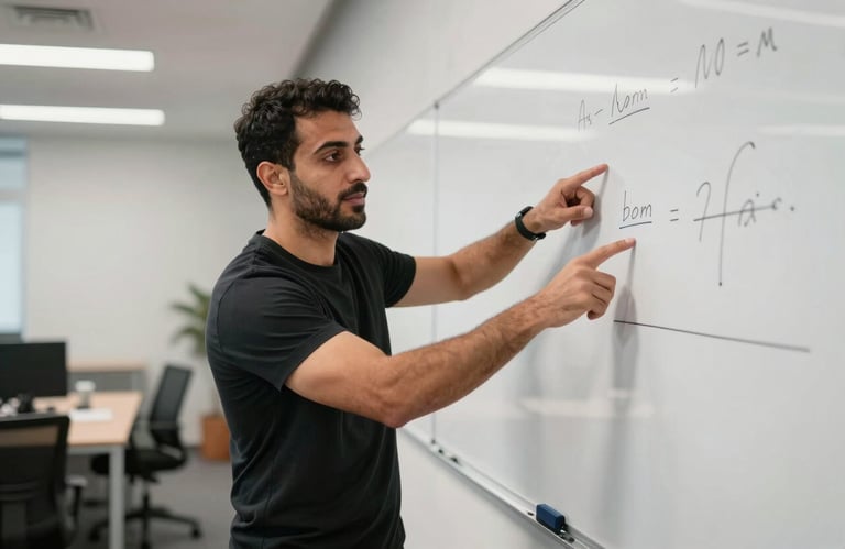 A professional Middle Eastern / Iraqi trainer leading a workshop, pointing at a clean white board in a modern office, energetic atmosphere.