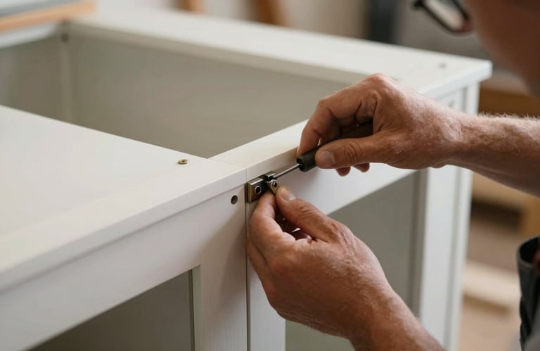 A photography of a craftsman carefully installing hardware on a custom-designed cabinet door, shallow depth of field, focusing on the precision of the work, Pacific Northwest carpentry style.