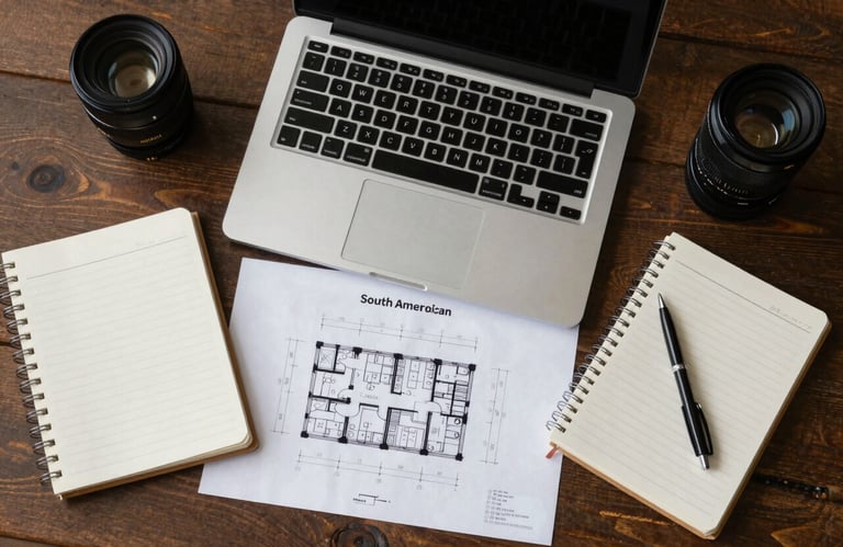 A top-down view of a professional desk with a laptop, notebooks, and architectural plans, clean composition, business tools in a South American context.