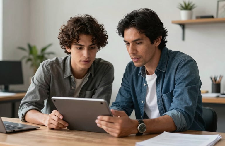 A mentor speaking with a young professional in a creative studio space, both looking at a digital tablet, South American setting, professional and supportive vibe.