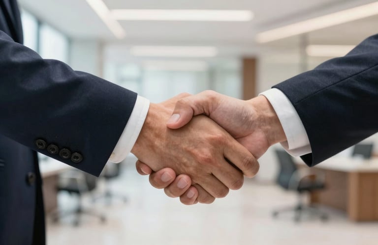 A close-up shot of a firm, professional handshake between two individuals in a bright North American office lobby, symbolizing trust and mentorship partnership.