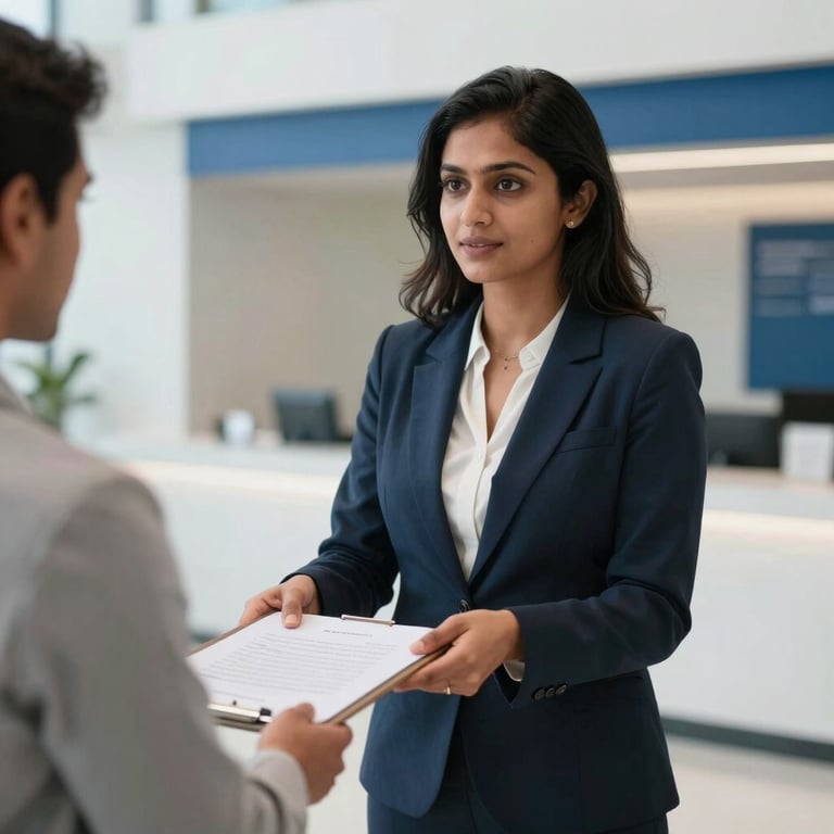 A professional South Asian woman in business attire handing a portfolio to a client in a modern white and blue lobby.