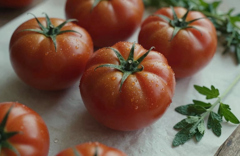 A rustic close-up of fresh, deep crimson heirloom tomatoes and matte green herbs arranged on a crisp parchment surface, natural daylight, North American / US market style.