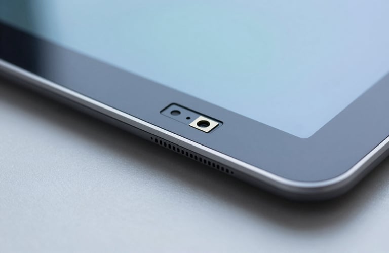 A macro shot of a secure digital interface on a glass tablet, reflecting steel blue and soft azure tones on a clean surface.