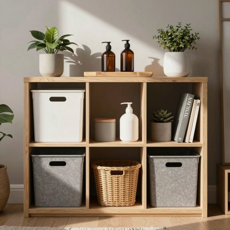 An organized storage area in a modern British home showing neatly placed lifestyle essentials, natural lighting and minimalist style.