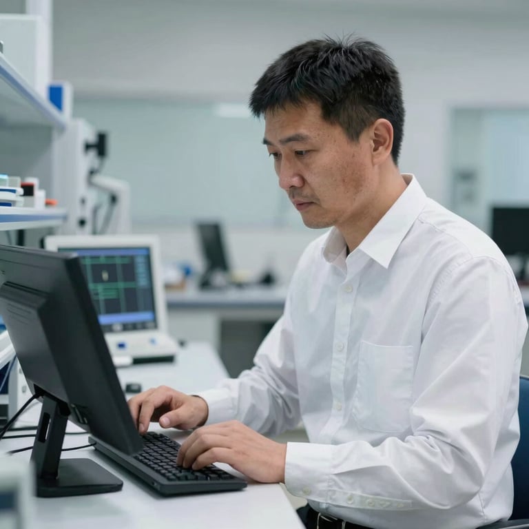 A professional Central Asian / Kazakhstani engineer in a crisp white shirt working in a high-tech lab setting, focused on a sleek digital terminal.