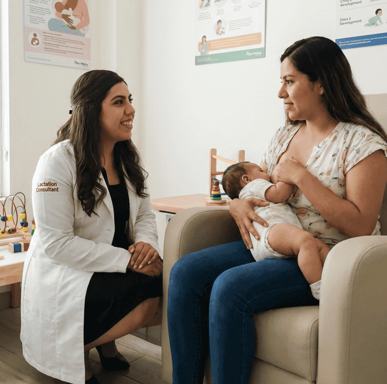 Dra Isis Pediatra consultora certificada en lactancia materna asiste a una madre mientras amamanta a su bebé.