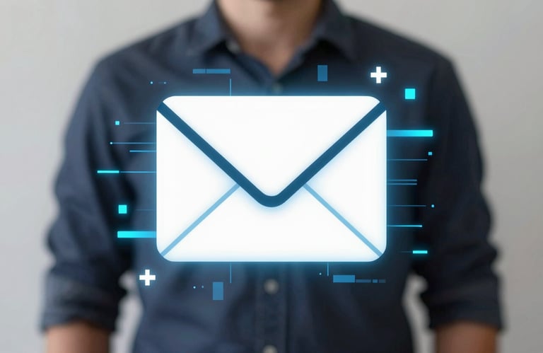 An iconographic 3D render of an envelope surrounded by glowing digital data streams. Style is professional and clean, using #1F3C57 and #4A7CA1.