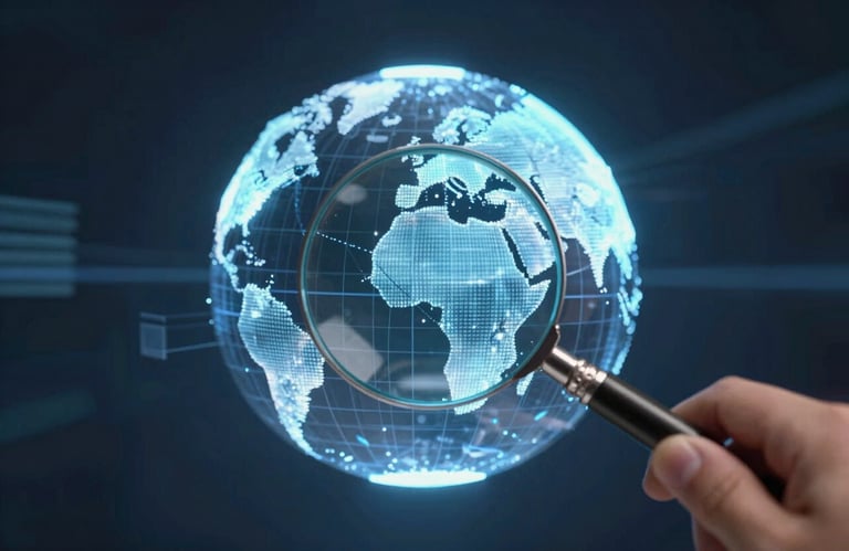 A magnifying glass hovering over a digital globe made of light rays. High-tech and clean aesthetic, emphasizing global research.