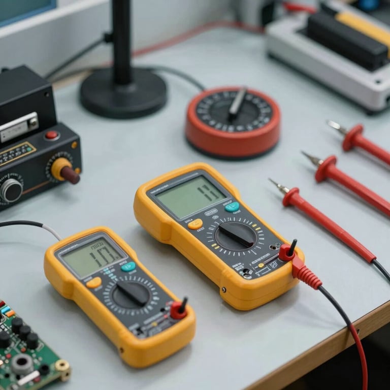 A clean, organized technical workbench with professional diagnostic multimeters and tools for electronic repair, light grayish-blue workspace surface.
