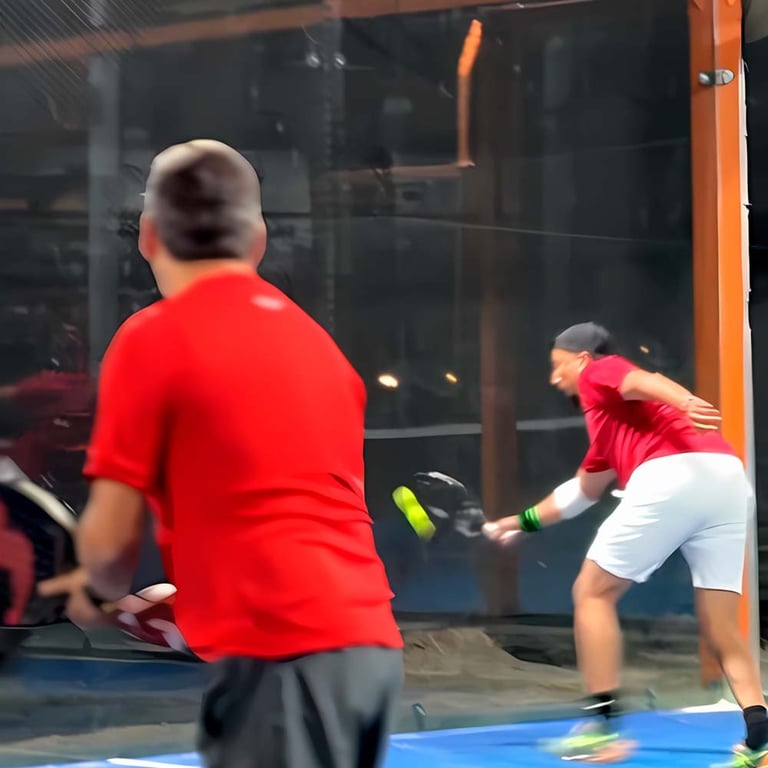 Hombres jugando pádel en cancha de club deportivo
