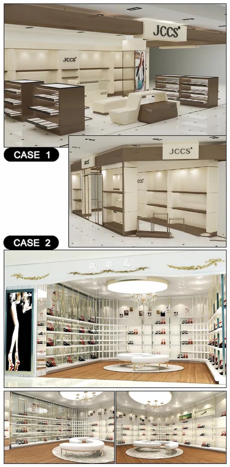 Modern retail store interior design with custom display shelves and luxury lighting for shoes.