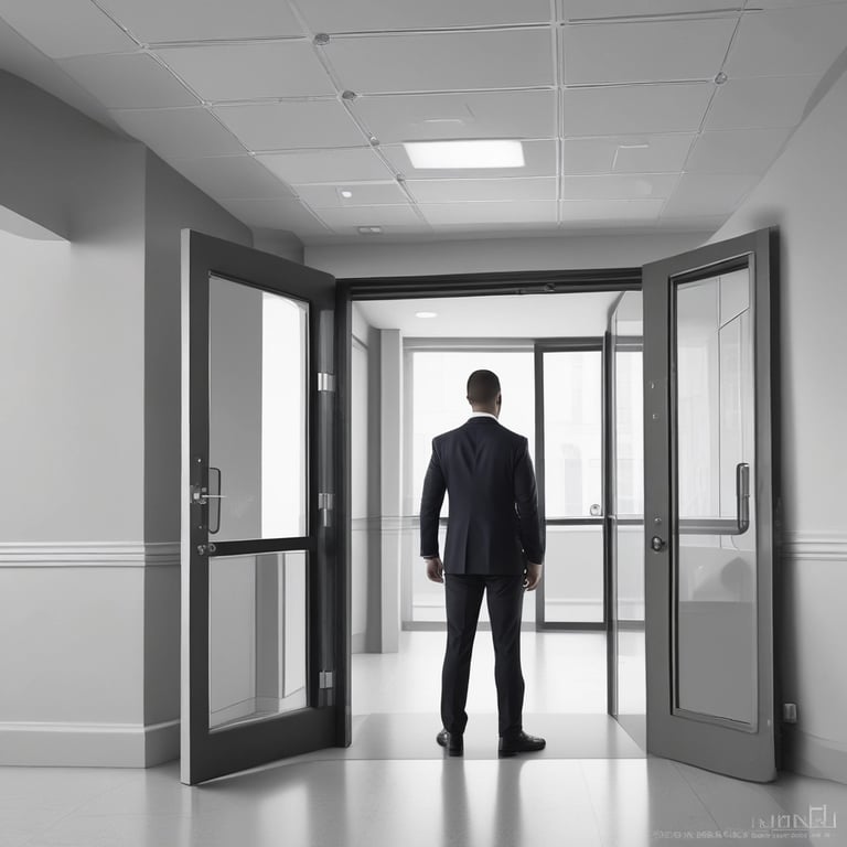 Professional security guard attentively monitoring corporate entryway.