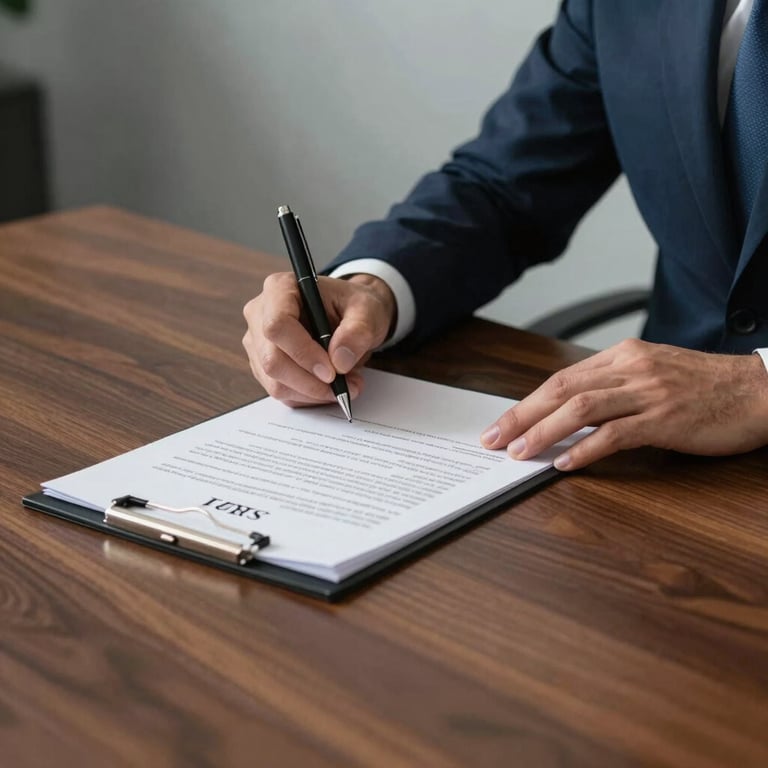 A professional photograph of hands in business attire signing a formal contract on a mahogany desk in a North American / US office, with soft natural light and a slate grey background.