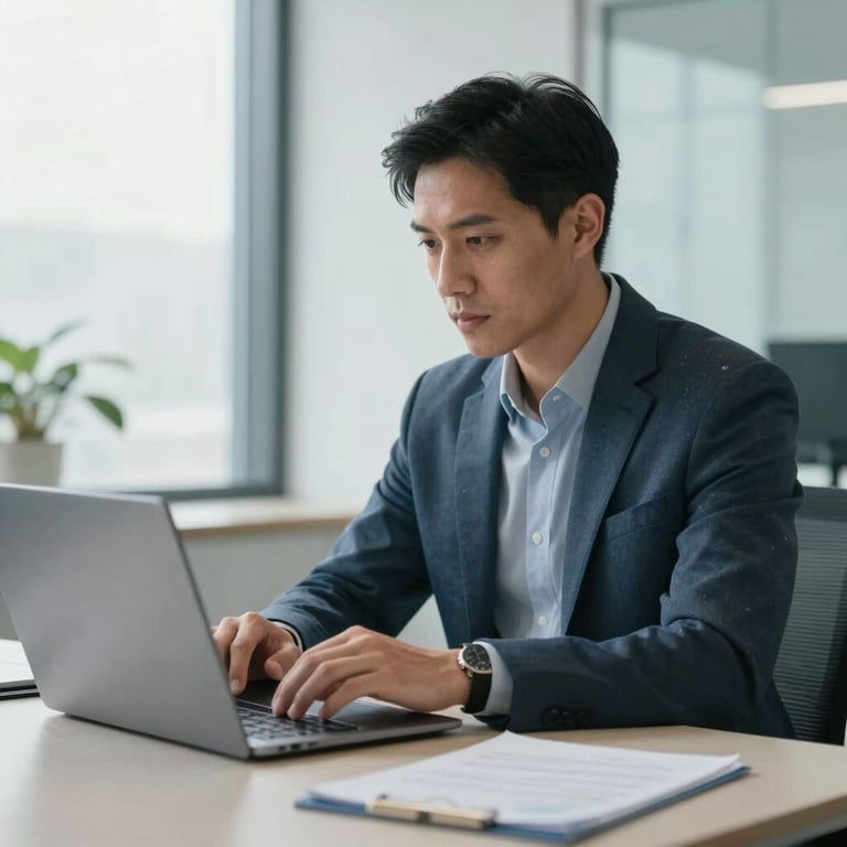 A professional North American / US consultant in business casual attire working efficiently at a laptop in a bright, modern office with muted blue and white tones.