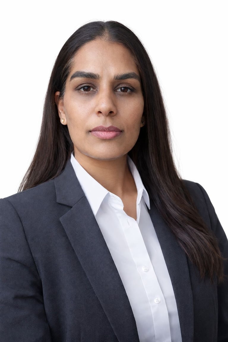 Professional headshot of a woman in a grey business blazer and white shirt against a white background.