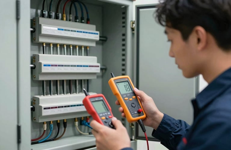 A technician checking a modern electrical distribution board with a professional digital tester, shot in soft studio-style lighting.