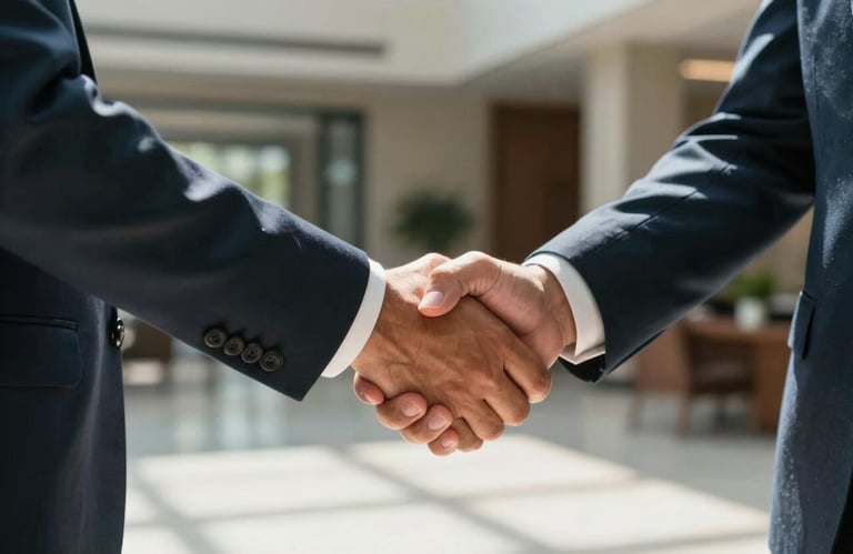 A close-up of two professionals shaking hands warmly in a sunlit, upscale corporate lobby, reflecting trust and human connection in North American / Mexican culture.