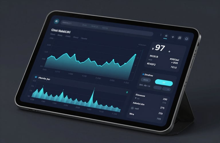 A digital interface on a high-end tablet showing dynamic energy consumption charts and property data. High-precision feel, sophisticated and technical, using #94B1B1 and #E9F0F0.