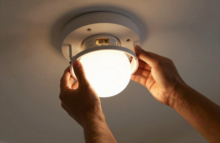 A close-up of a technician's hands carefully installing a modern light fixture in a North American / US home, focused warm lighting.