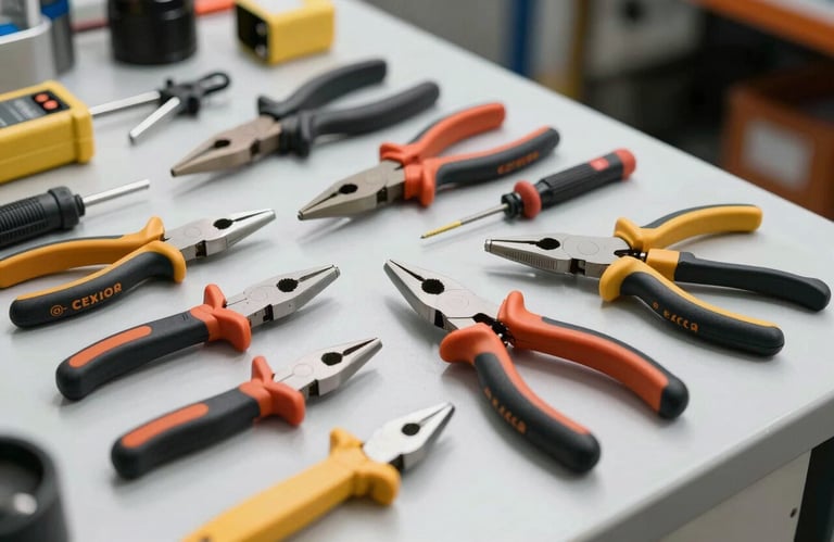 A professional set of insulated electrical tools including pliers and testers laid out on a cool off-white work surface in a North American / US maintenance shop.