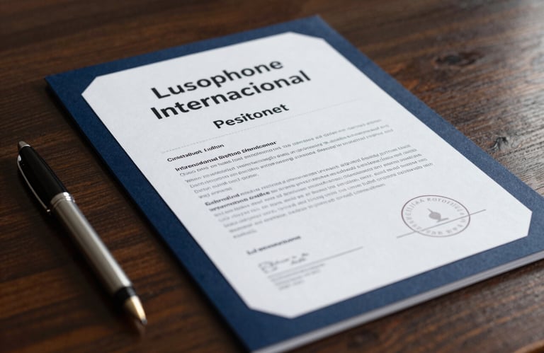 Close-up of a high-quality, professional international trade certificate placed on a dark wood desk. Elegant pen and soft lighting. Lusophone Internacional setting. Colors include Dark Navy Blue and Mist White.