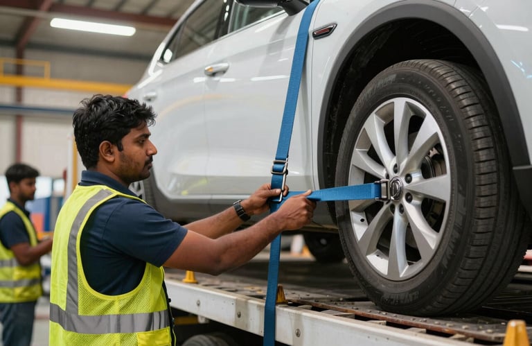 Skilled logistics workers in a South Asian / Indian facility carefully securing a modern car onto a transport platform using high-quality safety straps.
