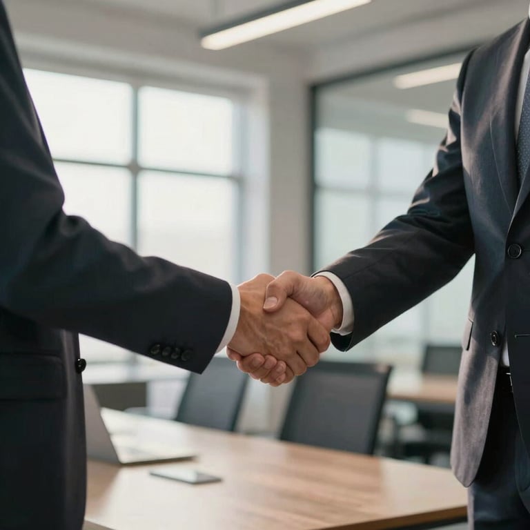 A professional Iberian person in business attire shaking hands in a modern German office, warm natural light, feeling of trust.