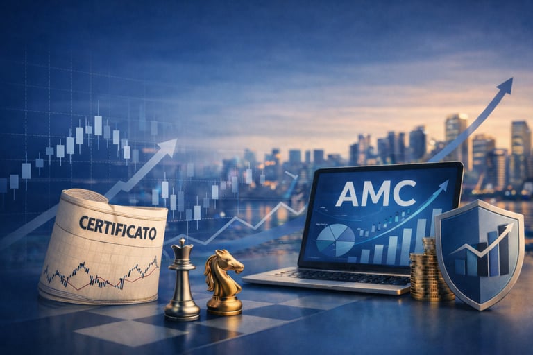 AMC stock trading on a laptop with financial charts, chess pieces, and a security shield.