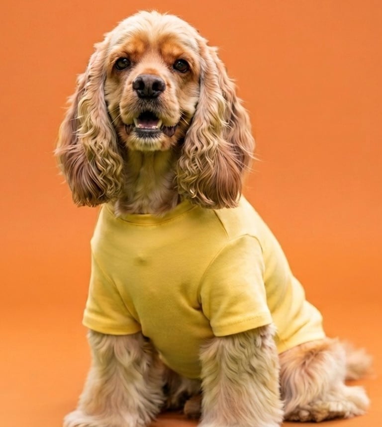 Cocker Spaniel americano color miel, lleva camiseta amarilla y está sentado, sobre un fondo naranja