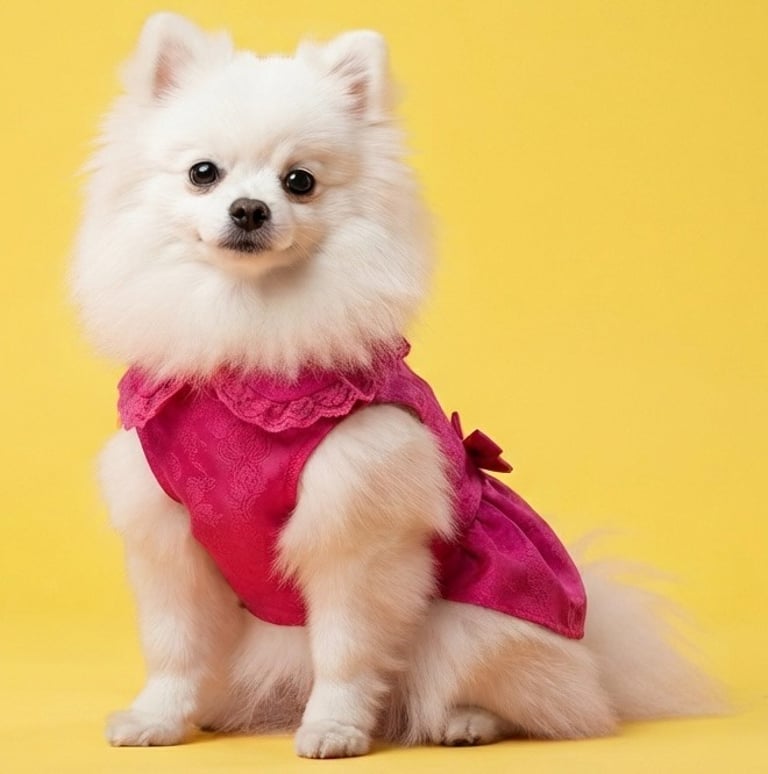 perro pomerania blanco y esponjoso que lleva un elegante vestido rosa, sobre un fondo amarillo