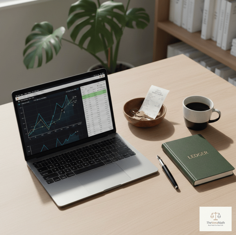 A pen, cup of coffee, keys and receipt next to a laptop showing a spreadsheet..