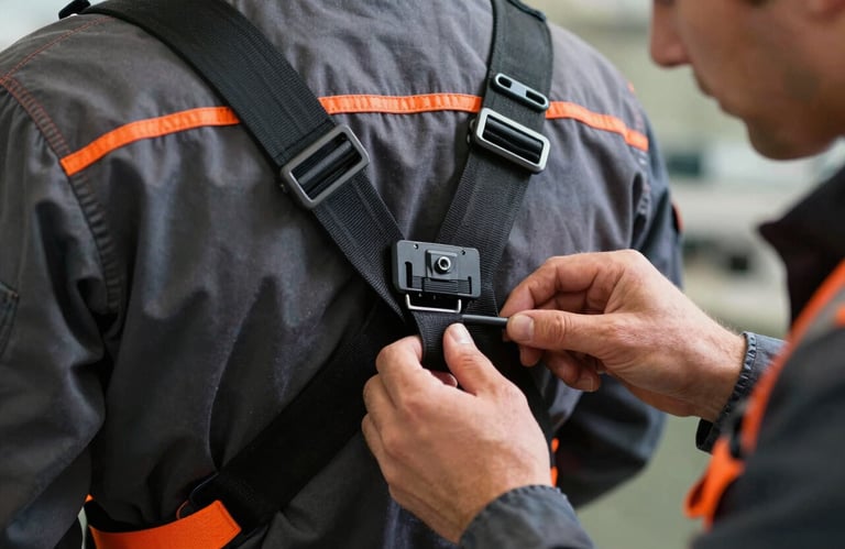 Close-up of a male aviation engineer's hands adjusting a technical back belt over his work suit. Professional, sharp lighting highlighting safety orange accents on the gear. North American / International.