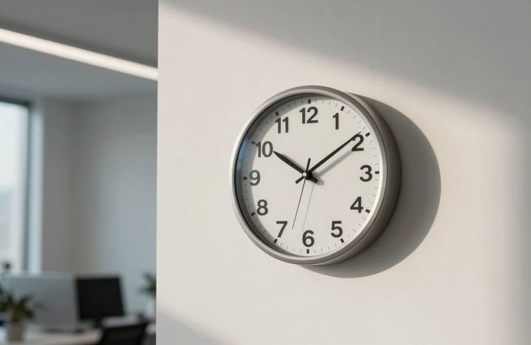 A minimalist photograph of a silver analog wall clock in a bright, modern North American / US office space, with soft off-white walls and sky blue shadows.