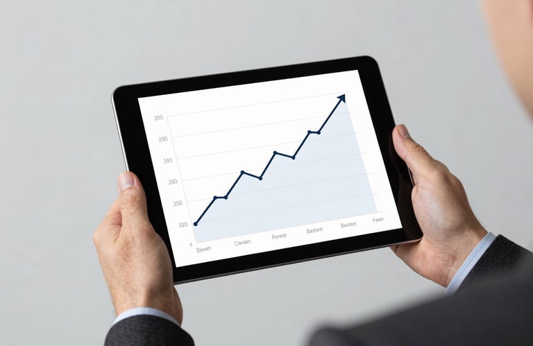 A modern digital tablet displaying a clear line graph showing upward growth trends, held by a person in a professional suit. Light gray background.