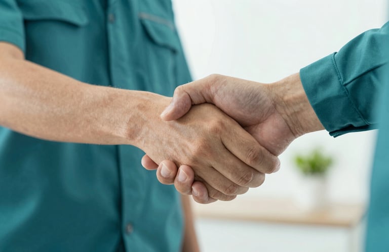 A close-up of a firm, professional handshake between a technician and a homeowner, representing trust and reliability. Clean aesthetic with teal #488C9C highlights.