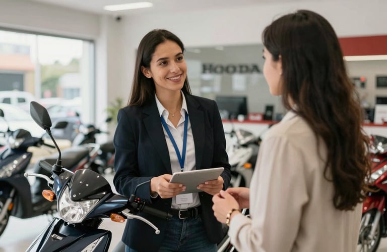 Friendly interaction between a sales consultant and a customer in a bright Honda motorcycle showroom in Bogotá, South American / Colombian setting, soft lighting, focus on trust and service.