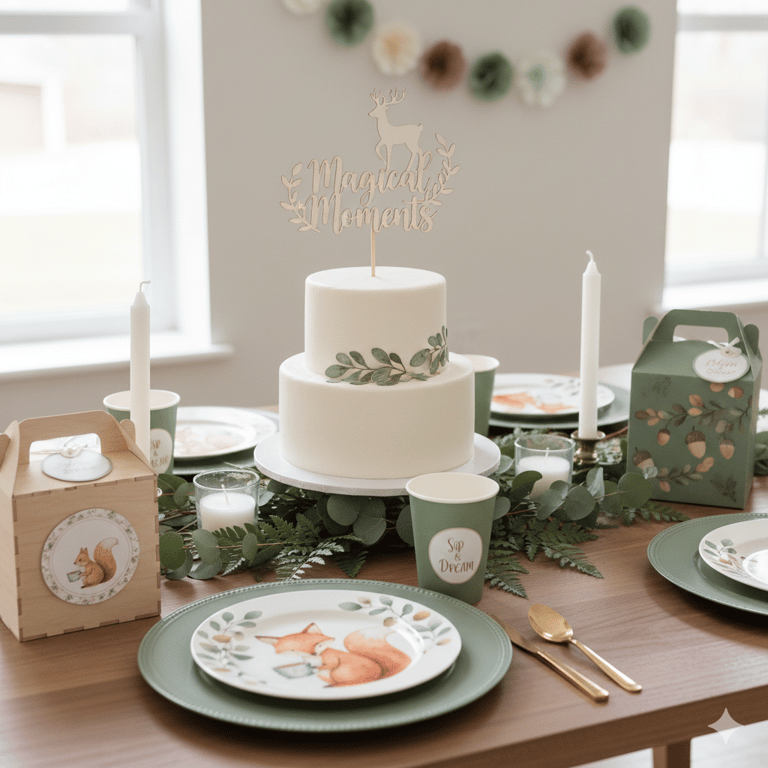 Woodland themed party table with a white cake, deer topper, and forest animal plates featuring foxes and squirrels.