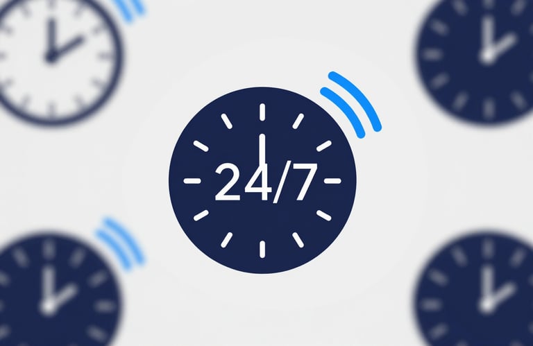 A minimalist flat icon representing 24/7 technical monitoring and support, featuring a digital clock and a network signal, colors navy and light blue.
