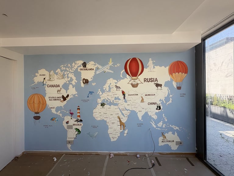 Pictură murală harta lumii cameră copii.